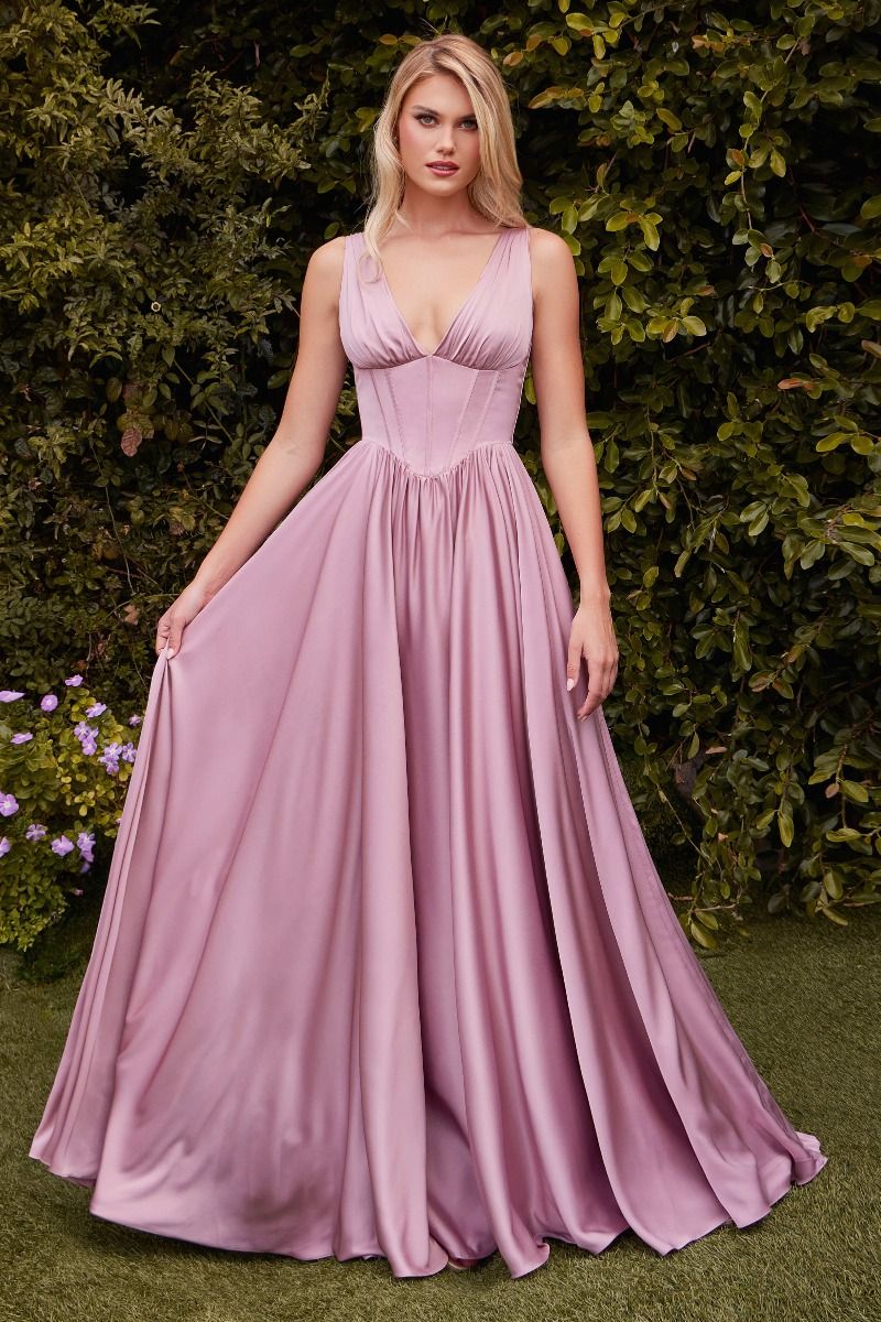 soft satin, the structured boned bodice and lace-up corset back ensure a secure and flattering fit