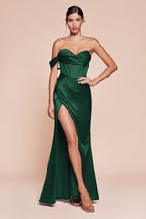 fitted gown showcases a one-shoulder pleated neckline with a gathered waistline and a leg slit