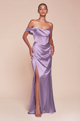 fitted gown showcases a one-shoulder pleated neckline with a gathered waistline and a leg slit