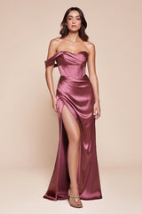 fitted gown showcases a one-shoulder pleated neckline with a gathered waistline and a leg slit