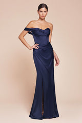 fitted gown showcases a one-shoulder pleated neckline with a gathered waistline and a leg slit
