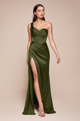 fitted gown showcases a one-shoulder pleated neckline with a gathered waistline and a leg slit