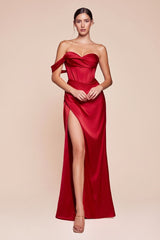 fitted gown showcases a one-shoulder pleated neckline with a gathered waistline and a leg slit