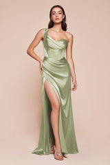 fitted gown showcases a one-shoulder pleated neckline with a gathered waistline and a leg slit
