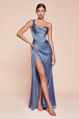 fitted gown showcases a one-shoulder pleated neckline with a gathered waistline and a leg slit