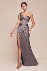 fitted gown showcases a one-shoulder pleated neckline with a gathered waistline and a leg slit