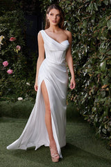 fitted gown showcases a one-shoulder pleated neckline with a gathered waistline and a leg slit