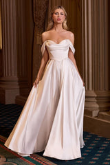 floor-length satin off-the-shoulder gowns with draped necklines, fitted bodices, and flowing skirts