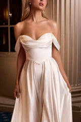 floor-length satin off-the-shoulder gowns with draped necklines, fitted bodices, and flowing skirts