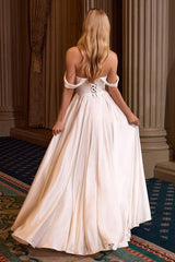 floor-length satin off-the-shoulder gowns with draped necklines, fitted bodices, and flowing skirts