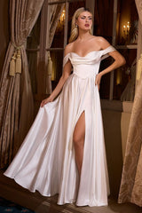 floor-length satin off-the-shoulder gowns with draped necklines, fitted bodices, and flowing skirts