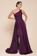 A-line long dress features a chic one-shoulder design and a flowing asymmetrical skirt crafted from soft satin