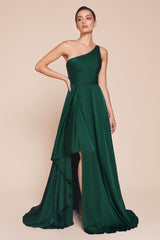 A-line long dress features a chic one-shoulder design and a flowing asymmetrical skirt crafted from soft satin