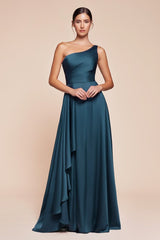 A-line long dress features a chic one-shoulder design and a flowing asymmetrical skirt crafted from soft satin