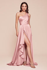 A-line long dress features a chic one-shoulder design and a flowing asymmetrical skirt crafted from soft satin