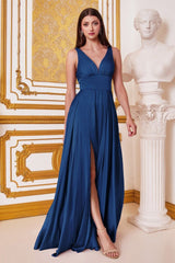 A-line dress features a deep V-neckline and an empire waistline