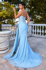 fitted strapless gown showcases a sweetheart neckline and a sheer bodice adorned with scattered rhinestone details