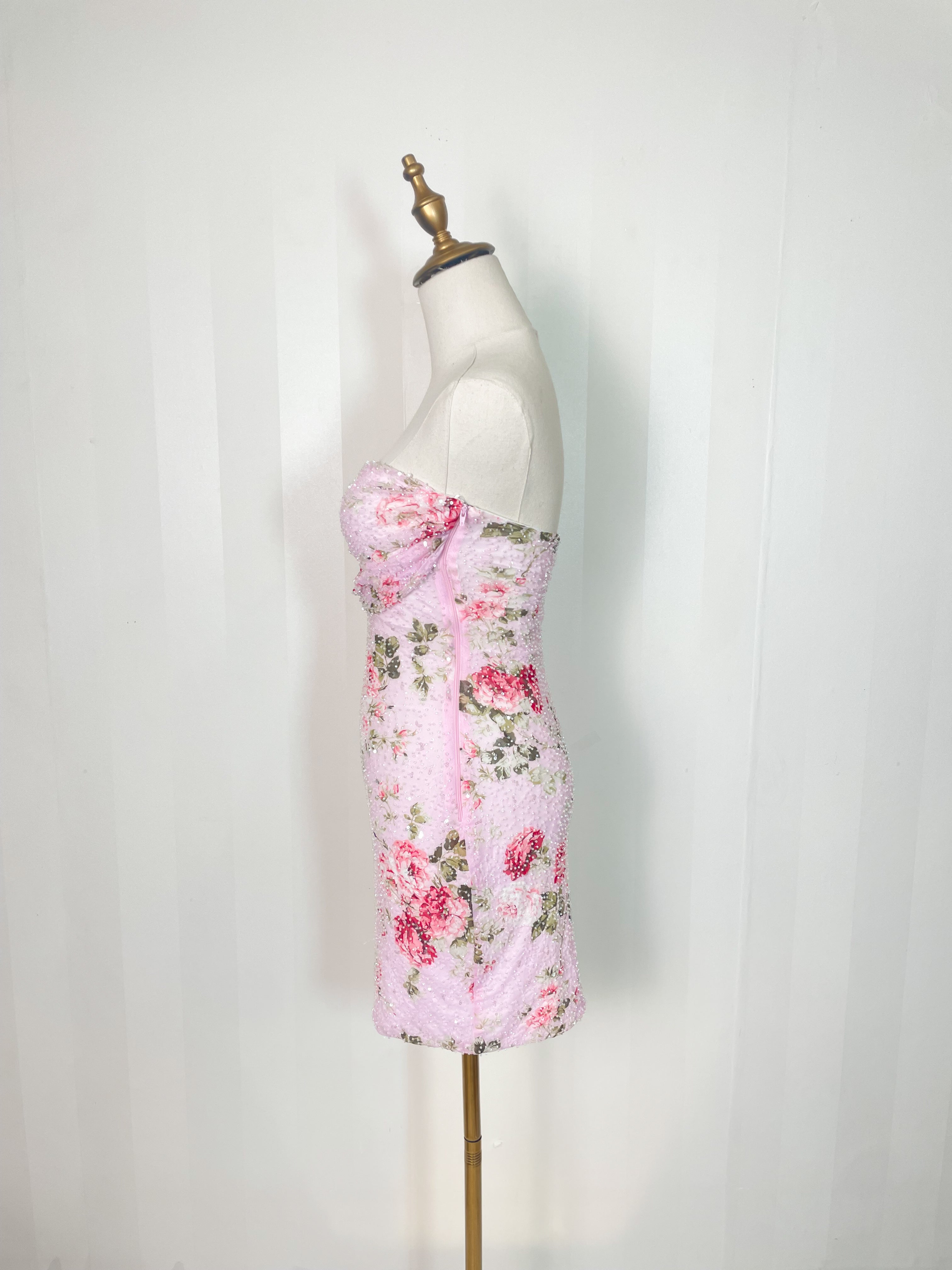 strapless floral embellished sequin mini dress