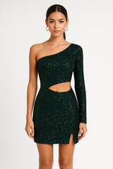One Sleeve sequin mini dress with cutout in Hunter Green.
