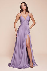 this dress features a sweetheart neckline and a flowy skirt with an elegant leg opening