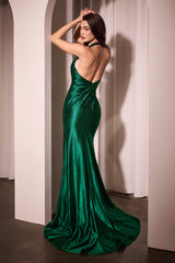 This stunning fitted gown features a deep V halter neckline adorned with dazzling rhinestones