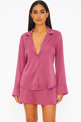 Dark Rose collared long sleeve and mini skirt with slit.