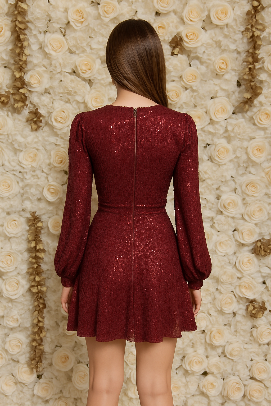 Burgundy sequin mini dress with cutouts and puff sleeves