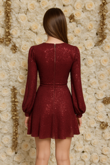 Burgundy sequin mini dress with cutouts and puff sleeves