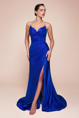 fitted dress features a strapless pointed V-neckline, gathered waistline, and a chic leg slit f