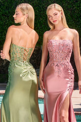 strapless satin gowns with fitted silhouettes and thigh-high slits