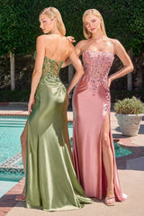strapless satin gowns with fitted silhouettes and thigh-high slits