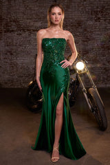strapless satin gowns with fitted silhouettes and thigh-high slits