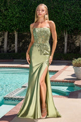 strapless satin gowns with fitted silhouettes and thigh-high slits