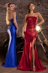 strapless satin gowns with fitted silhouettes and thigh-high slits