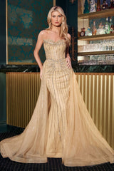 fitted gown dazzles with linear crystal beading
