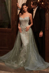 fitted gown dazzles with linear crystal beading