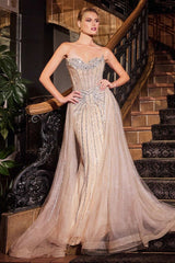 fitted gown dazzles with linear crystal beading