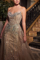 fitted gown dazzles with linear crystal beading