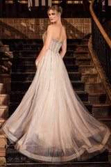 fitted gown dazzles with linear crystal beading