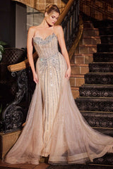 fitted gown dazzles with linear crystal beading
