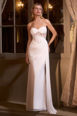 strapless sweetheart neckline and a sheer structured bodice, enhanced by a gathered bustline and an elegant sash