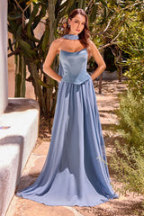 A-line chiffon gown showcases a sculpted corset bodice with a softly curved neckline and elegant seam detailing