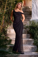 Model wearing a fitted gown with draped mesh overlay and ruched detailing