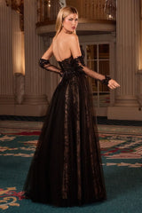 A-line gown features a strapless corset bodice adorned with intricate lace appliqué and shimmering hand beading