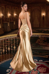 fitted satin gown with thin straps, a sheer embellished bodice, and a ruched skirt featuring a thigh-high slit