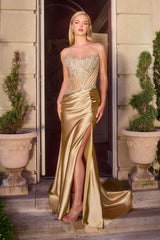 fitted gown features a strapless scoop neckline and a corset bodice adorned with crystal lace embellishments