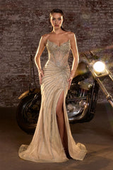 fitted strapless gown, featuring a deep V-neckline and sheer structured bodice adorned with a linear beaded