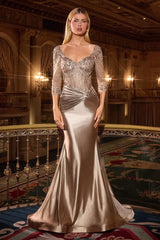 fitted evening gown features an embroidered bodice with a soft scoop neckline and elegant three-quarter sleeves