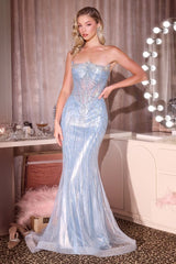 strapless reverse sweetheart neckline with a sheer embellished bodice gown