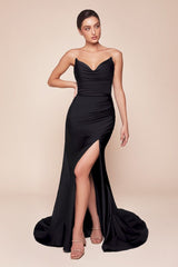fitted dress features a strapless pointed V-neckline, gathered waistline, and a chic leg slit